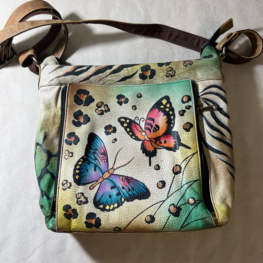 🌸 Anuschka Hand-Painted Leather Crossbody – Butterflies & Nature Print + wallet